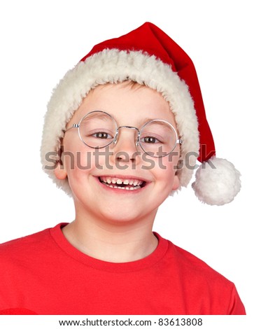 Adorable child with Santa Hat and glasses isolated on white background