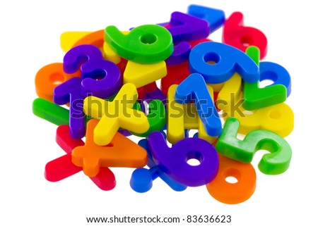 Colorful Assorted Numbers and Mathematical Symbols, isolated on white background.
