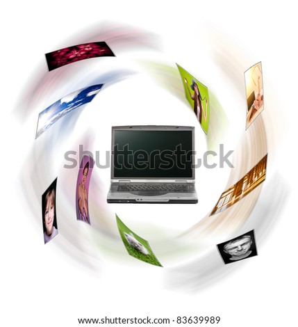 A laptop and digital pictures flying. All photos can be found in my portfolio.
