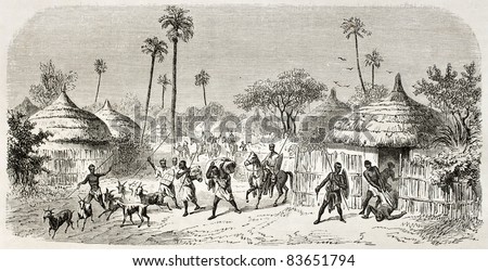 Raid in central African village, old illustration. Created by Rouargue after Barth, published on Le Tour du Monde, Paris, 1860