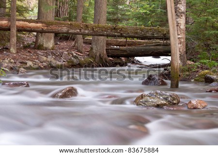 creek in glacier national park with a very slow shutter speed showing all the colors of the rocks and trees