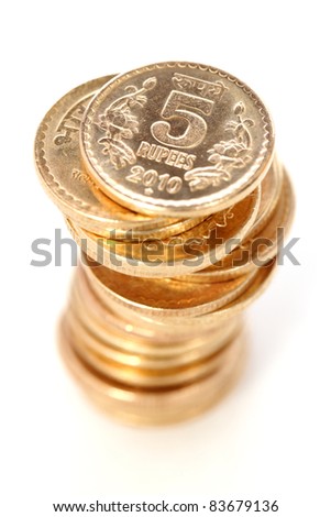 Indian Five rupees coin tower on white.