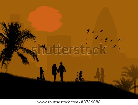 Vector design of city park with lovers and children