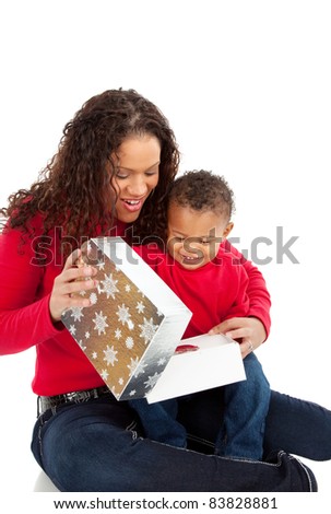 African American Boy Open Christmas Gift Box with Mom
