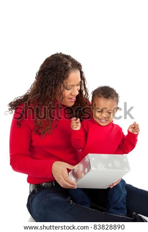 African American Boy Open Christmas Gift Box with Mom