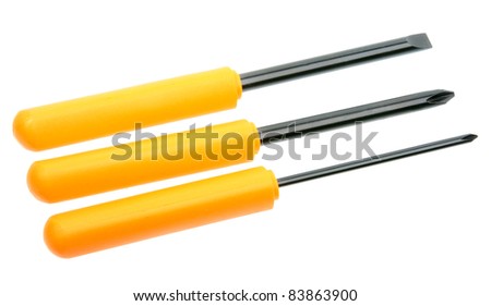 Set of three orange-black screwdrivers. New condition. Close-up. Isolated on white background. Studio photography.