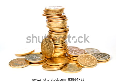 Group of Gold coins tower on white.