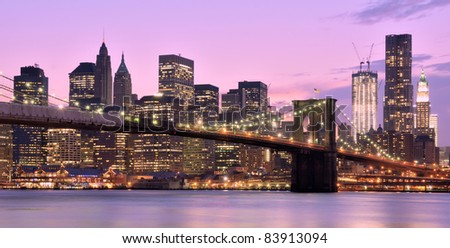 Brooklyn Bridge and Lower Manhattan skyline in New York City.
