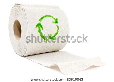 toilet paper with a green recycle symbol.