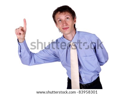 Young business man gesturing in studio isolated