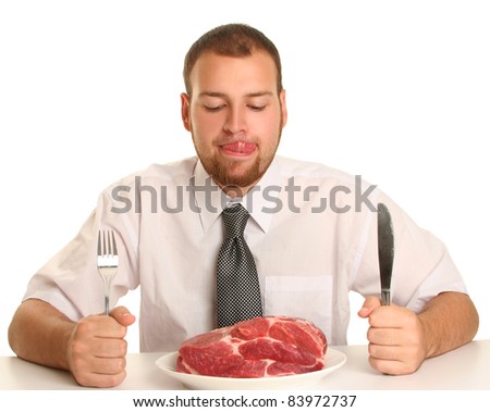 eccentric guy eating red meat Royalty-Free Stock Photo #83972737