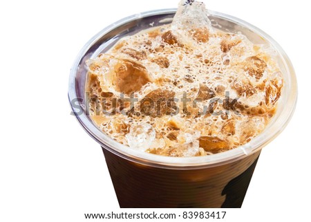 Cold coffee drink with ice on white background