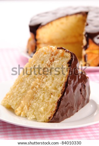 Piece of Boston cream pie in front with the whole pie in the background