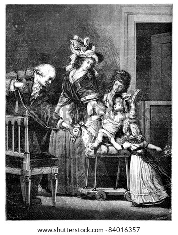 Old engraved illustration of The Happy Family drawing by Pauquet, based on Philibert-Louis Debucourt, 1874. Drawing of two woman, a man and two children playing on a horse. Le Magasin Pittoresque 1874