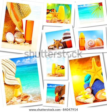 Summer fun concept collage, sunny colorful abstract background with many travel and tourism images