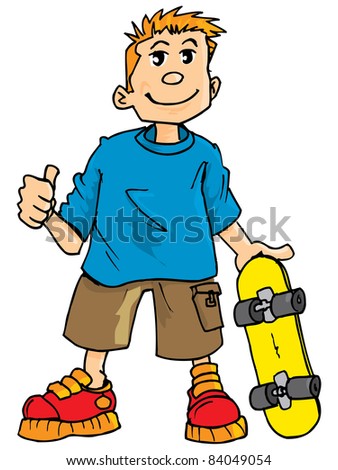 Cartoon of a kid with a skateboard. Islolated on white