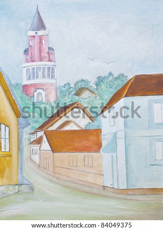 Little town - original watercolor painting