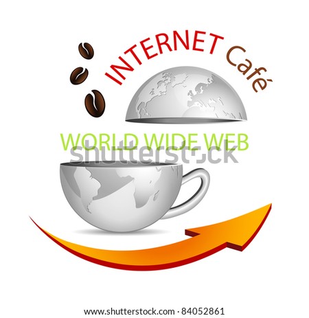 Internet cafe icon - abstract business globe in shape of a coffee cup with arrow and coffee beans - symbolic cybercafe sign
