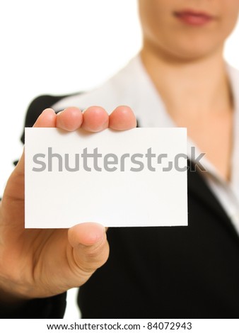 Businesswoman with visit card in his hand.