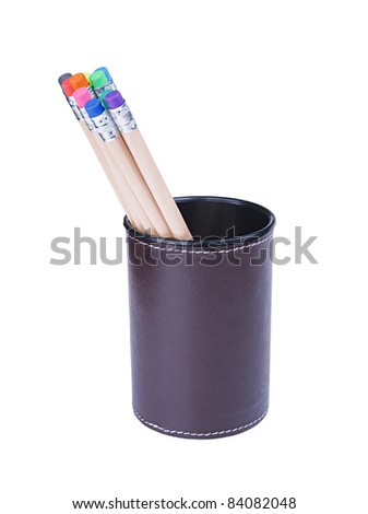 Several pencils with erasers different colours in a cup isolated on white background