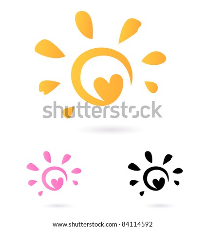Abstract vector Sun icon with Heart -  orange & pink, isolated on white Vector Sun sign or icon isolated on white background.