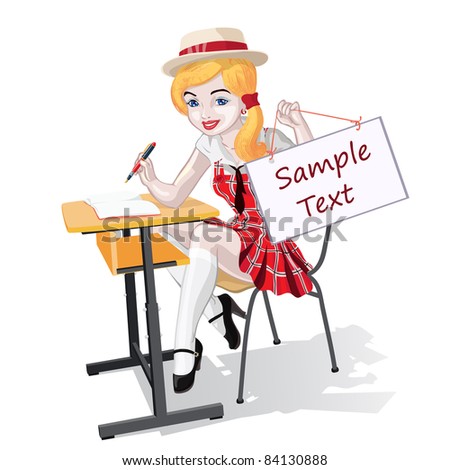 Vector illustration, cute school girl, card concept, white background.