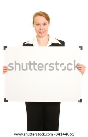 Woman holding a white board.