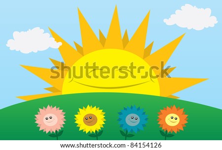 Large sun smiling with flowers in the foreground.