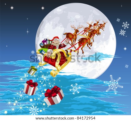 Santa in his Christmas sled or sleigh, delivering his Christmas gifts to everyone