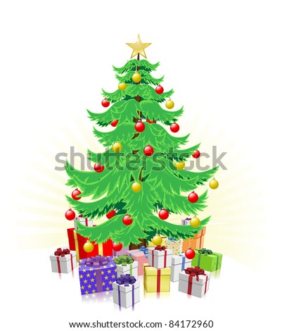 Christmas tree illustration with lots of wrapped gifts