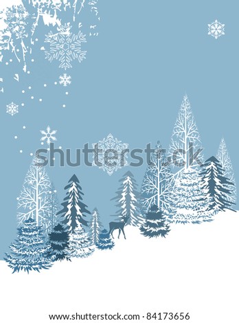 Winter blue landscape with deer and trees