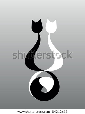 Couple cats sitting together, black and white silhouette