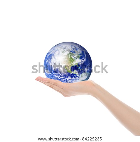 Planet Earth in the female hand. Isolated on white background