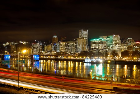 Portland Oregon Waterfront Skyline along Willamette River at Night