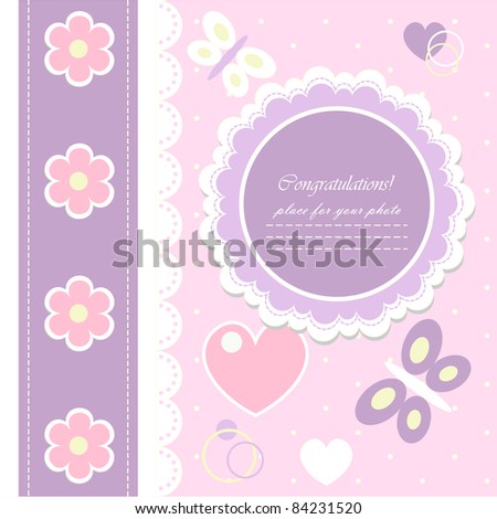 Romantic scrapbooking (vector version eps 8). Baby beautiful girl card with your text for invitation, greeting, frame, birthday, label, postcard, congratulate, frame, gift and etc. 
