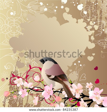 Beautiful background with bird at blossoming tree. Raster version.