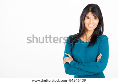 cheerful casual Hispanic woman on white