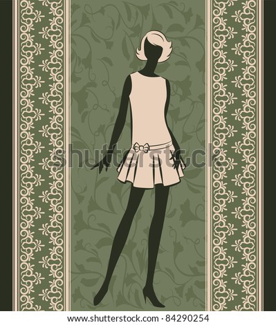 Vintage silhouette of girl on tapestry background. Vector