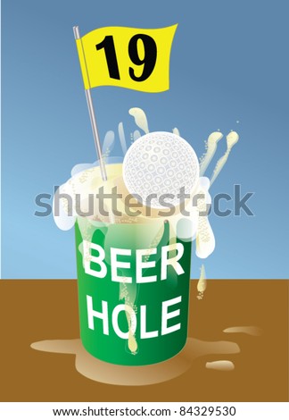 Beer 19th hole on golf course illustration. Hole-in-one.