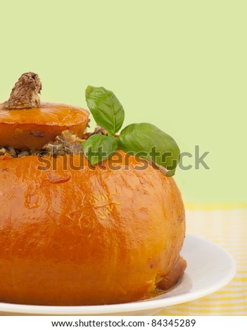 Close-up of pumpkin stuffed with rice, meat and vegetables