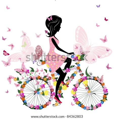 Girl on a bicycle with a romantic butterflies Royalty-Free Stock Photo #84362803