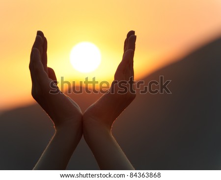Decline in hands. A sunset on a background of the lifted female hands