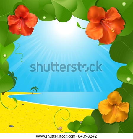 Tropical beach scene viewed through a hibiscus flower and leaf border