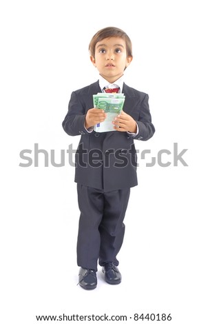 Boy with formal clothes holding some euros currency.