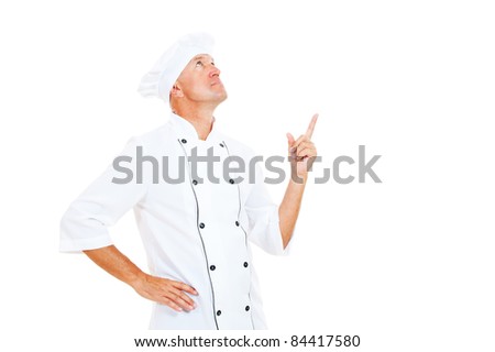 chef pointing up. isolated on white background