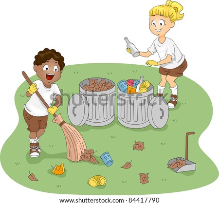 Illustration of Kids Cleaning a Camp