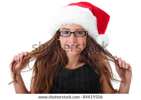 Attractive and happy businesswoman in santa hat shoot over white background