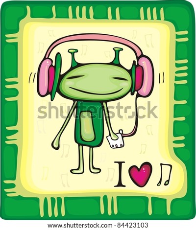 a little green alien with large ears listens loud music in headsets with pleasure