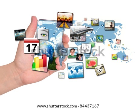 A person is holding a smart phone isolated with a map of the Earth and various apps coming out of the phone. Use it for a communication concept. Royalty-Free Stock Photo #84437167