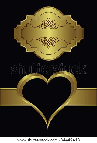 A valentines background with a   gold heart on a black backdrop  with a gold plaque and  room for text